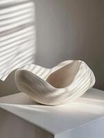 Minimalist White Sculpture with Soft Shadows in Calm Art Gallery Setting photo