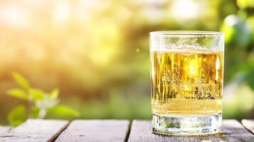 Refreshing apple juice on rustic table with sunny garden background photo