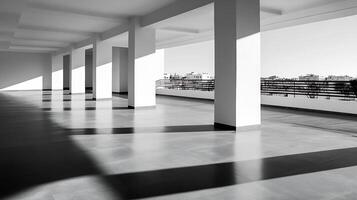 Monochrome architectural structure with pillars and shadows emphasizing linear symmetry photo