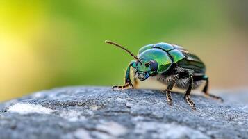 Macro Photography of Green Beetle with Metallic Sheen Resting on Stone Surface photo