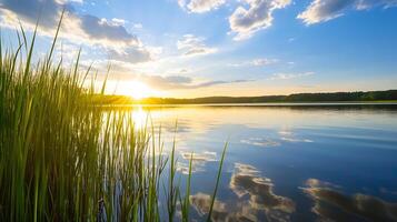 Sunset Reflected on Tranquil Lake with Majestic Clouds and Lush Grass in Peaceful Setting photo