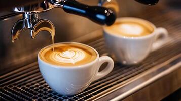 Barista Crafting Two Lattes with Latte Art on Espresso Machine in Cozy Cafeteria Setting photo