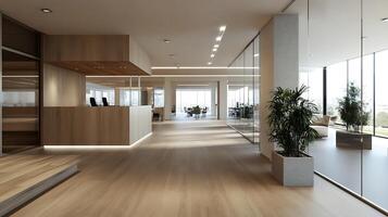 Modern Office Lobby with Reception Desk and Open Meeting Spaces Featuring Glass Partitions photo