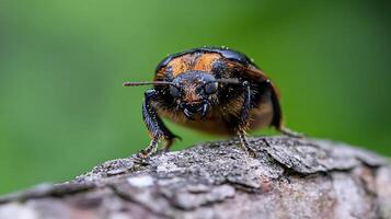 Close-up macro shot of a beetle on weathered tree bark in a natural green forest setting photo