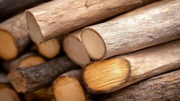 Stack of Natural Wooden Logs Showing Texture and Patterns for Crafting and Lumber photo