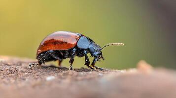 Close up of a shiny red beetle walking on a brown surface with a blurred green background in natural light photo