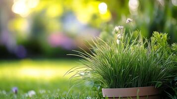 Lush Green Potted Plant Display in a Sunlit Garden Setting with Soft Bokeh Background photo