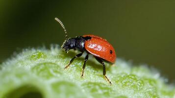 Macro View of a Red Beetle on Leaf Highlighting the Vibrant Colors and Natural Details of the Insect photo