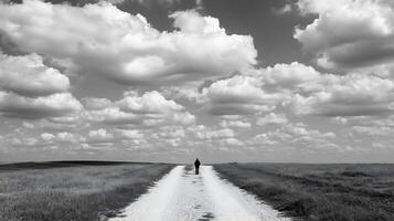 Solitary Figure Walking on Rural Path Under Expansive Cloudy Sky in Black and White photo