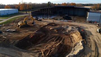 Aerial View of Bulldozer at Construction Site with Progressing Building Structure photo