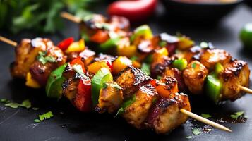 Grilled Vegetable Skewers on Plate with Cilantro on a Dark Background photo