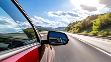 Dynamic View of a Car Driving on Scenic Open Highway with Motion Blur photo