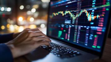 Person Typing on Laptop with Stock Market Charts and Data Displayed on Screen photo