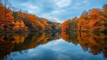 Scenic Autumn Lake Reflecting Vibrant Forest with Cloud Patterns in Tranquil Setting photo