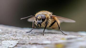Macro Photography of Furry Hoverfly with Distinctive Eyes Resting on a Wooden Surface photo