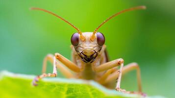 Macro Photo of a Grasshopper on a Leaf in a Vibrant Green Setting