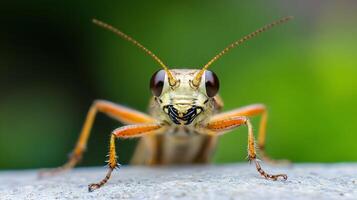 Macro Shot of Grasshopper with Large Eyes Perched on Leaf in Sunny Garden Setting photo