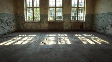 Sunlit abandoned room with peeling walls creating a nostalgic and eerie atmosphere photo