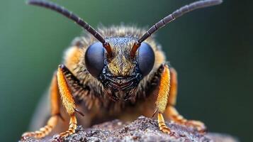 Macro view of a bee with intricate details on a rock in natural habitat photo