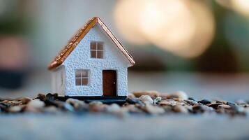 Charming Miniature House Model on Small Rocks with Warm Bokeh Background photo