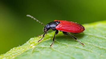 Macro Image of Colorful Red and Black Beetle on Green Leaf in Nature photo