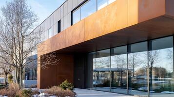 Modern Architectural Building with Rust Block and Large Windows Under Clear Blue Sky photo