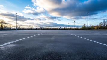 Vast Empty Parking Lot Under Dramatic Sky with Clouds and Sparse Vegetation photo