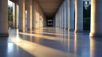 Elegant Classical Architecture with Sunlit Columns in Historic Building Passage photo