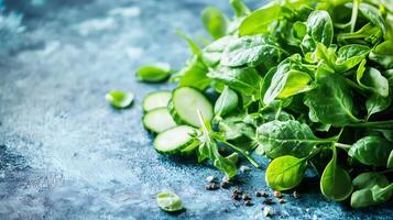 Fresh Green Spinach Leaves and Sliced Cucumber on Rustic Surface for Healthy Cooking photo