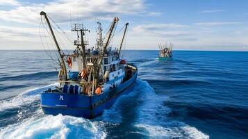 Blue fishing trawler navigating the open sea with a serene sky and gentle waves in the background photo