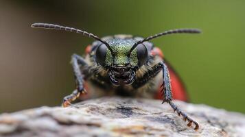 Front View Portrait of an Alert Green and Red Beetle in Macro Photography photo
