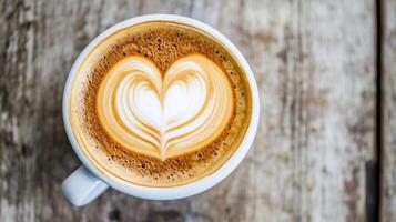 Beautiful Heart-Shaped Latte Art on Cappuccino in Rustic Setting Creating Cozy Atmosphere photo