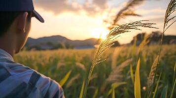 Back View of Person in Hat Enjoying Sunset in Tranquil Wheat Field Setting photo