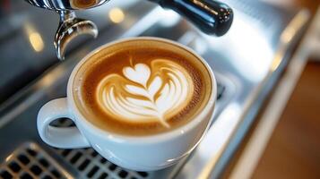 Close-Up of a Creamy Latte with Intricate Latte Art on Coffee Machine Background - Ideal for Beverage Advertising photo