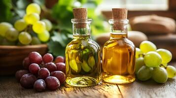 Natural Freshness Bottled Grape Seed Oil with Assorted Grapes on Rustic Wooden Table photo