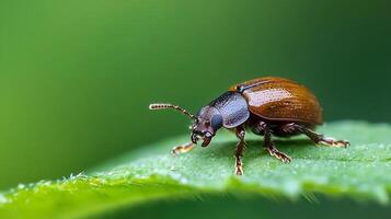 Brown Beetle on Green Leaf with Sharp Details in Natural Macro Photography photo