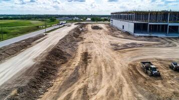 Aerial View of Construction Site in Progress Surrounded by Fields photo