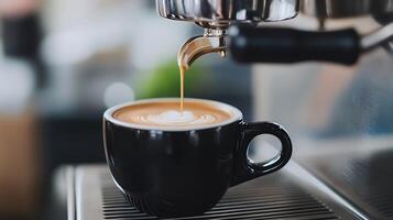 Espresso Being Poured from Machine into Black Mug in Cafe Setting photo