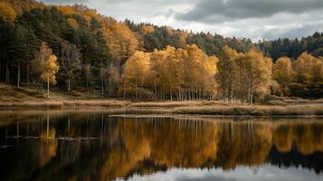 Scenic landscape view of a serene forest with autumnal trees reflecting in a calm lake photo