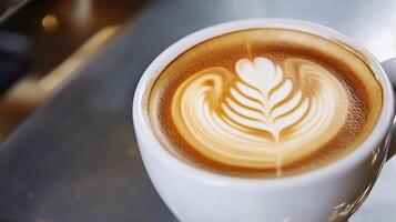 Smooth and Creamy Latte Art in a White Cup on a Shiny Metal Table Surface photo