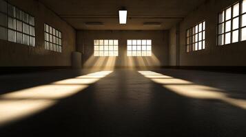 Sunlit Empty Garage Interior with Concrete Floor and Windows photo