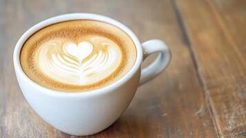 Artful Latte in White Cup with Heart Design on Wooden Table Top View photo