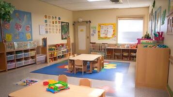 Bright and Inviting Preschool Classroom with Colorful Learning Materials and Natural Lighting photo