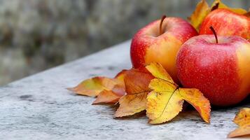 Red apples with autumn leaves on a rustic stone background photo