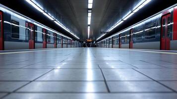 Empty Subway Station Platform with Symmetrical Architecture and Bright Lighting photo