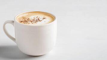 Minimalist Cappuccino Mug with Frothy Coffee and Cocoa on Light Background photo