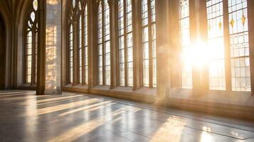 Sunlight Streaming Through Gothic Cathedral Windows Creating Long Shadows photo