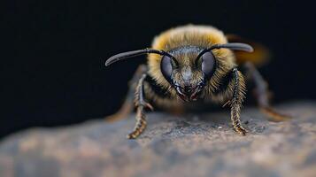 Close-up of a bee resting on rock surface showcasing its intricate features photo
