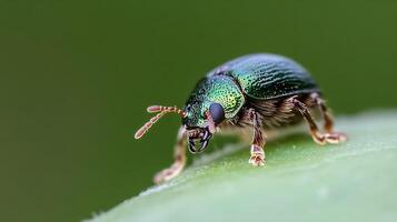 Green Beetle on Leaf Exhibiting Its Shiny Metallic Colors with Detailed Patterns and Structures photo