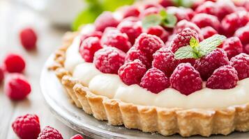 Fresh Raspberry Tart With Creamy Filling and Mint Garnish on Elegant Display photo